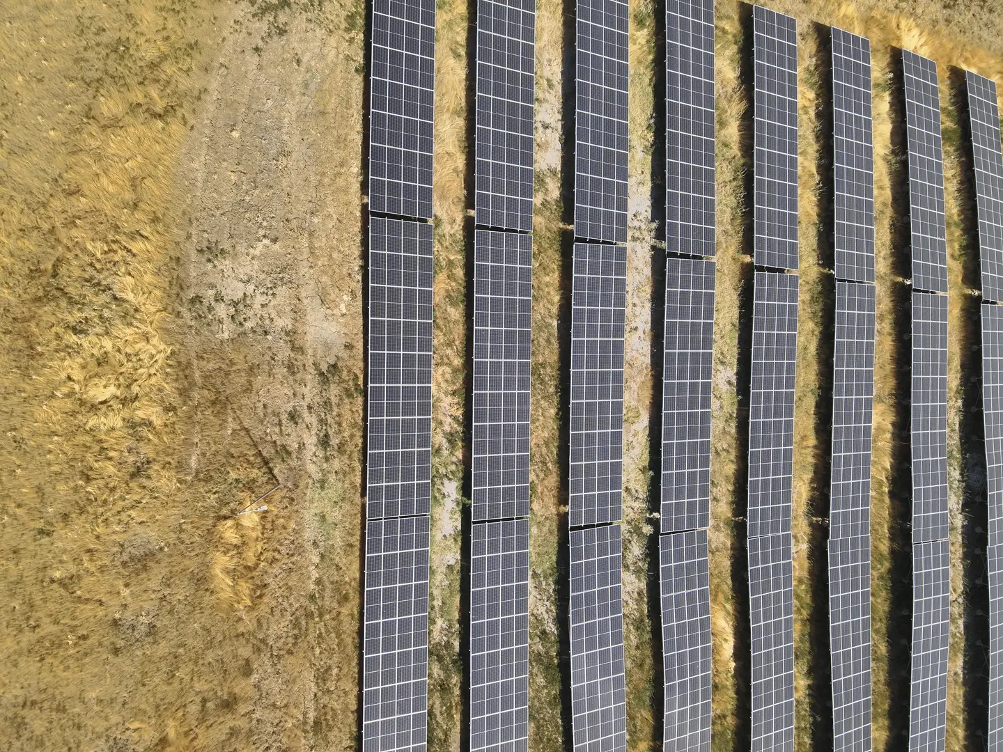Güneş enerjisi santralindeki panel sıralarının havadan görünümü